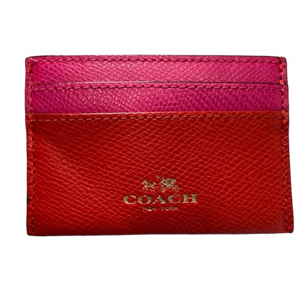 Coach card case wallet bi-color crossgrain leather red pink F63669 - Picture 2 of 12